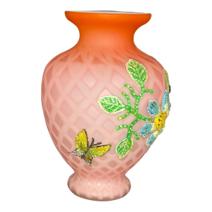 Antique Victorian Pink Satin Art Glass Vase Coralene Floral Bee Butterfly 6”