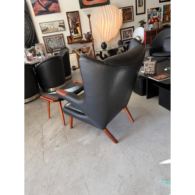 Mid 20th Century Hans Wegner A.P. Stolen Papa Bear Chair AP-19 & Ottoman Redone in Black Leather For Sale - Image 14 of 18