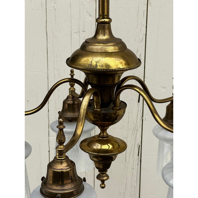 Vintage Five Arm Brass Pendant With Vintage Etched Iridescent Shades For Sale - Image 4 of 8