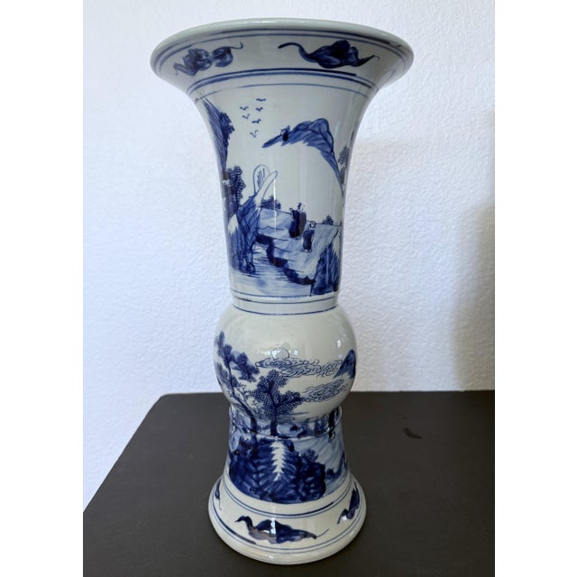 Vintage Chinese Blue & White Porcelain Landscape Vases - Trio Set For Sale - Image 10 of 18