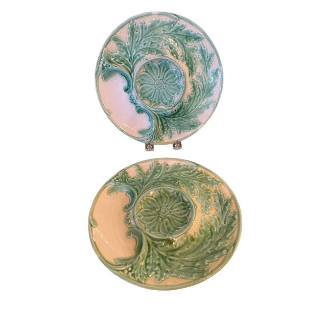 Six of these beautiful white and green, Gien artichoke plates available. Circa 1890, France.