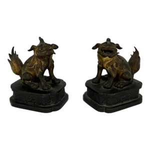 Pair, Ming Dynasty Gilt Bronze Diminutive Chinese Foo Dogs / Guardian Lions
