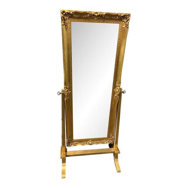 1970s Large Gold Hollywood Regency Standing Floor Mirror For Sale