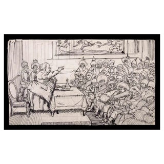 Alexandre Lagrant, Teaching Drawing to Children, Pencil & Ink Drawing, 1930s For Sale