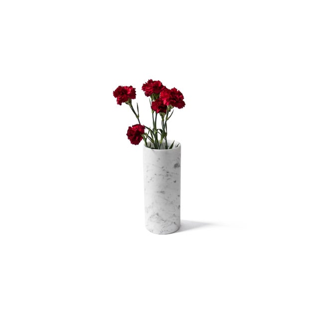 Cylindrical Satin White Carrara Marble Vase For Sale - Image 4 of 7
