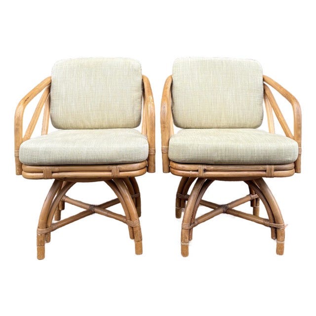 1970s Ficks Reed Mid Century Modern Bamboo / Rattan Swivel Dinette Chairs - A Pair For Sale