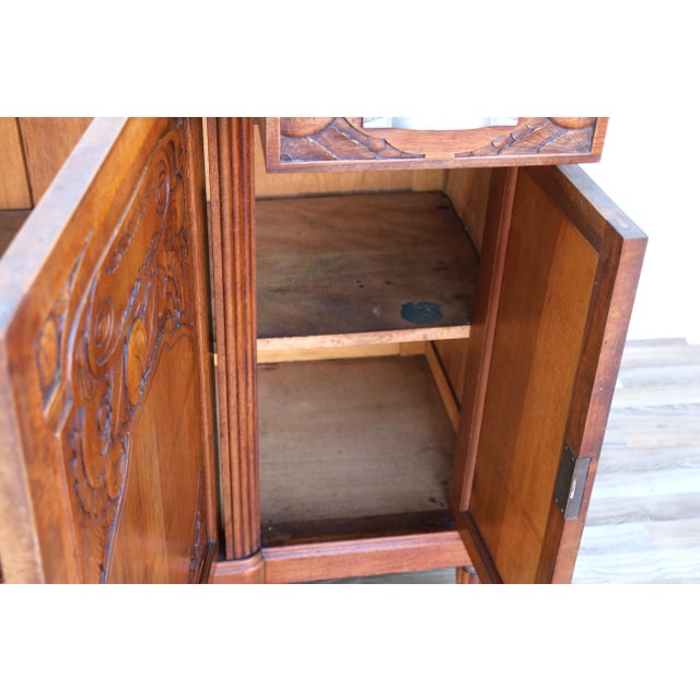 Antique French Art Deco Marble Top Sideboard Buffet Cabinet | Carved Solid Wood Bar Cabinet | Circa 1920s For Sale - Image 15 of 18