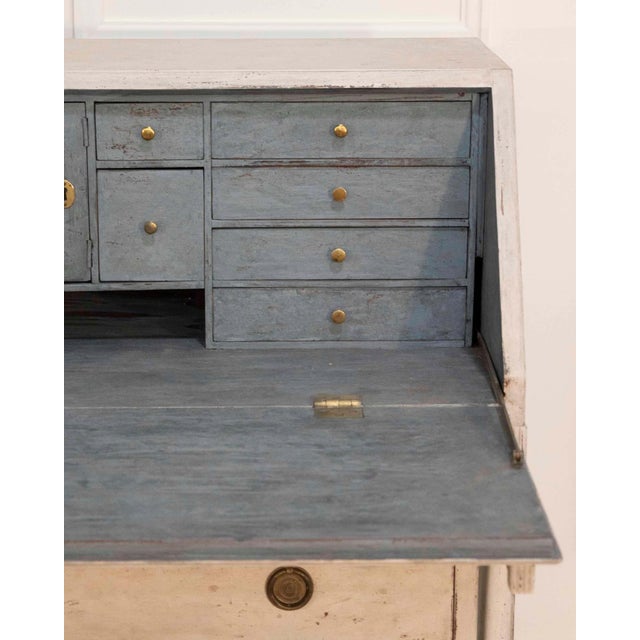 Off-white 19th-Century Swedish Bureau With Carved Columns And Blue-Painted Interior For Sale - Image 8 of 13