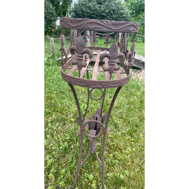 Metal Vintage Metal Jardinière Planter Stand With Fleur-De-Lis Accents | French Country Garden Decor For Sale - Image 7 of 12