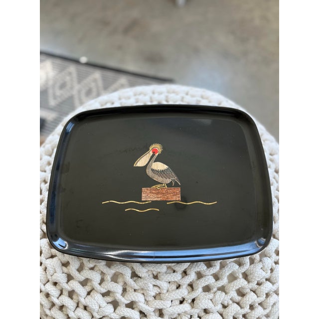 Wood Mid 20th Couroc of Monterey Resin Tray With Stained Wood, and Brass Inlaid Pelican For Sale - Image 7 of 9