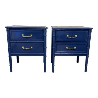 Pair of Vintage Henry Link Bali Hai Faux Bamboo Nightstands Lacquered Navy For Sale