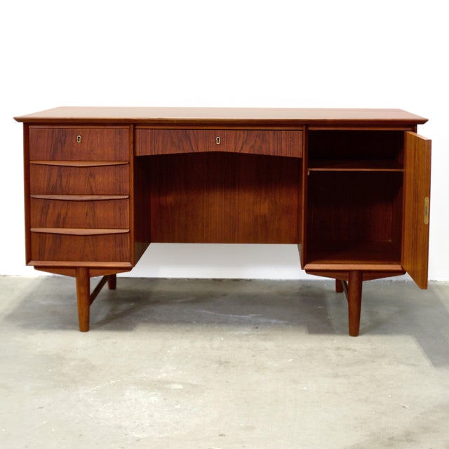 Brown 1950s Danish Teak Executive Desk W/ Rear Shelving For Sale - Image 8 of 12