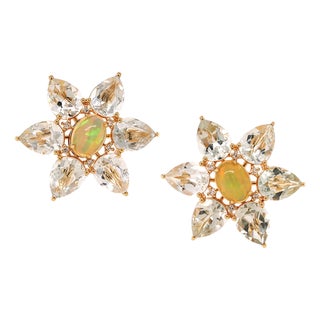 Opal, Diamond and Prasiolite Flower Earrings in 14ct Yellow Gold - Fei Liu, Pair For Sale