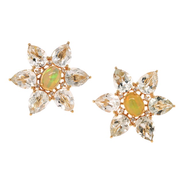 Opal, Diamond and Prasiolite Flower Earrings in 14ct Yellow Gold - Fei Liu, Pair For Sale