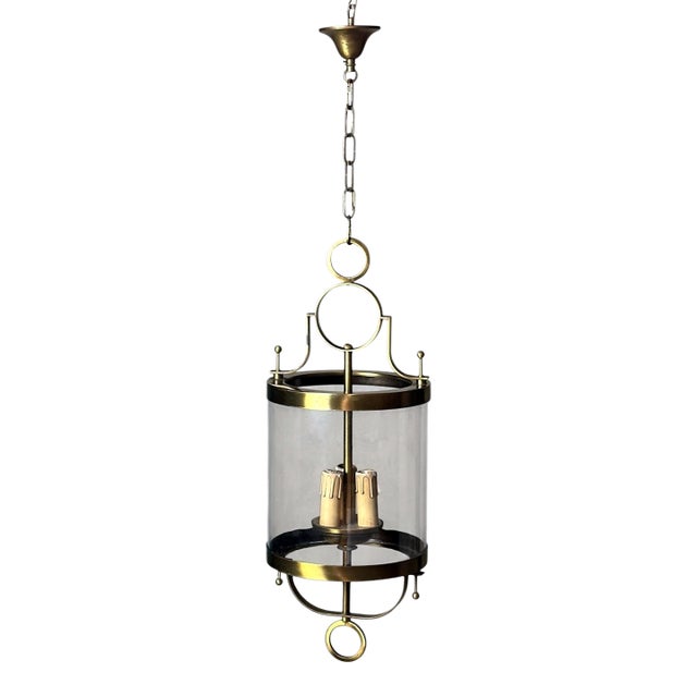 Mid 20th Century Neoclassical French Brass and Blown Glass Lantern For Sale