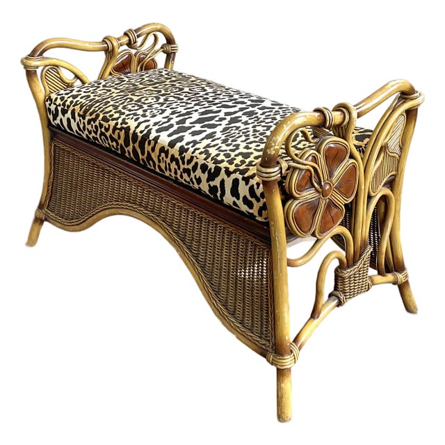 Vintage Coastal Woven Rattan Leopard Bench For Sale