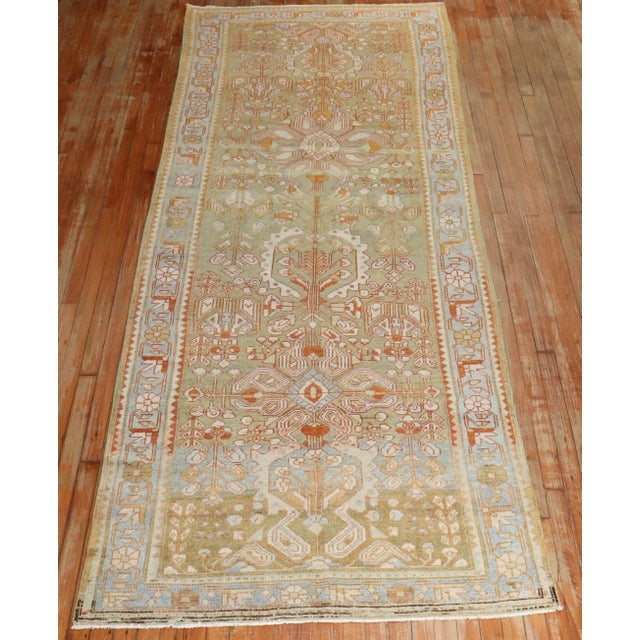 Wide Antique Zabihi Collection Persian Green Persian Runner - 4' x 11'2" For Sale - Image 4 of 12