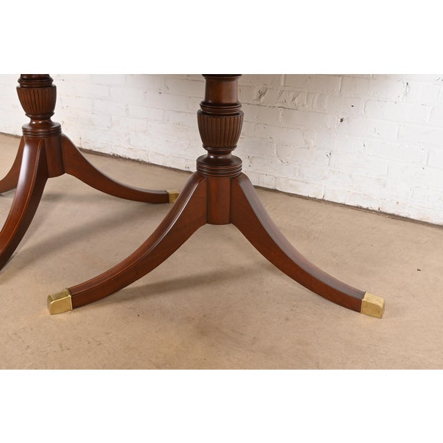 Baker Furniture Style Georgian Banded Mahogany Double Pedestal Extension Dining Table, Newly Refinished For Sale - Image 11 of 14