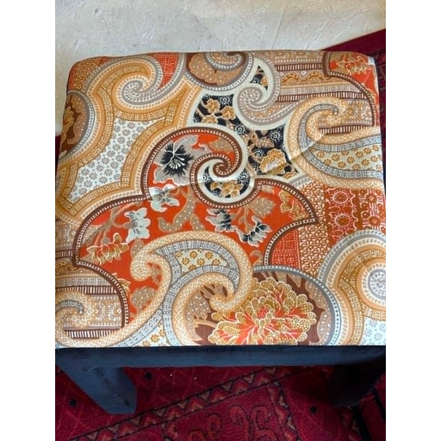 Pair Mid Century Orange and Black Ottomans Upholstered in the Manner of Jack Lenor Larsen For Sale - Image 9 of 9
