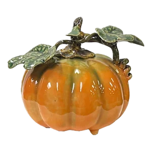 Artistic Orange Small Pumpkin With Leaf Ceramic Display Art Figure