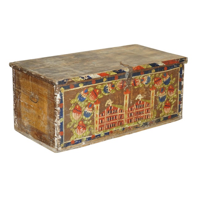 Romanian Blanket Chest with Church Painting, 1880s For Sale