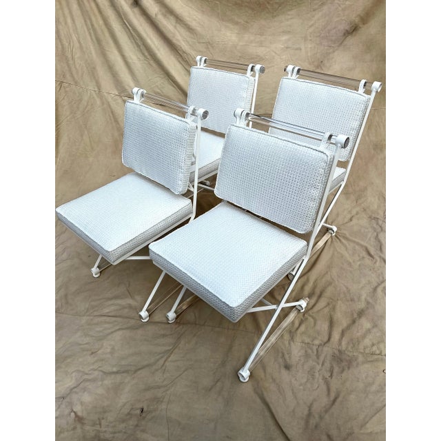 Cleo Baldon X-Form Chairs Restored with Acrylic Dowels and Sunbrella Upholstery - Set of 4 For Sale - Image 12 of 13