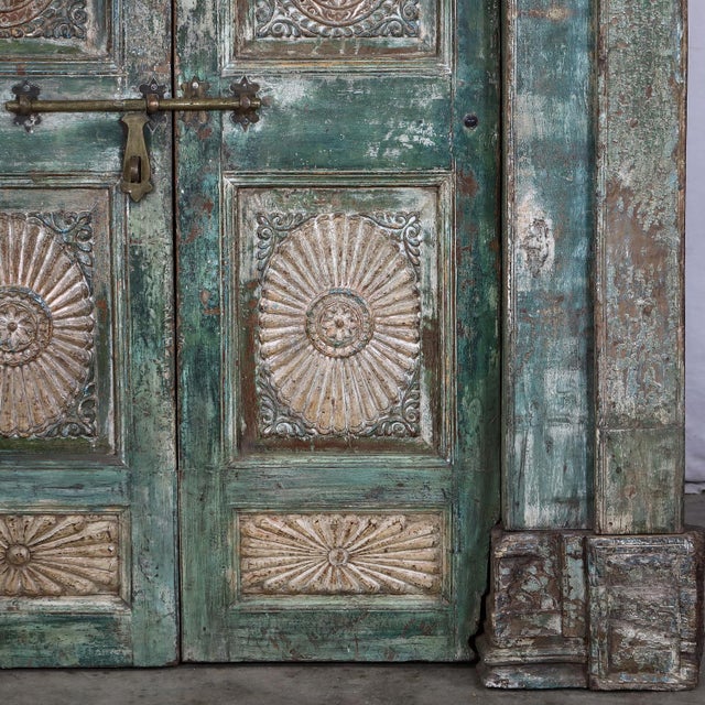 1900 - 1909 Antique Indian Carved and Painted Teakwood “Krishna” Door + Frame For Sale - Image 5 of 8