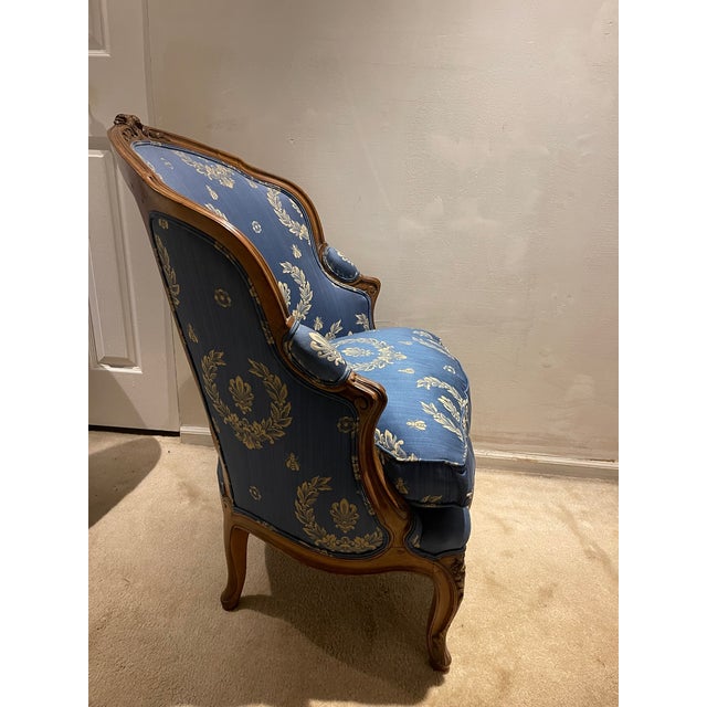 Antique French Petite Bergere Covered in Neoclassical Design Fabric For Sale - Image 10 of 11