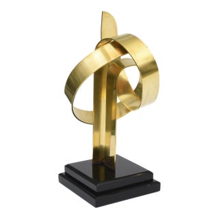 Vintage Van Teal Brass Ribboned Sculpture on Black Wood Base, 1970's For Sale