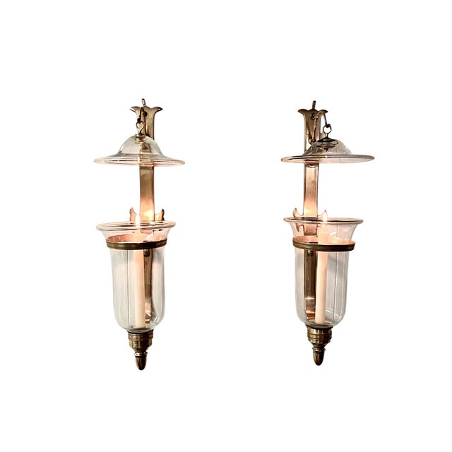 Vintage Chapman & Myers Style Brass and Glass Hurricane Wall Sconces – Pair of Mid-Century Lantern Candle Holders For Sale - Image 9 of 17