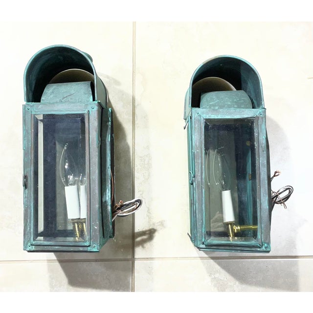 Pair of Antique Verdigris Copper Wall Lanterns – Converted & Electrified For Sale In Miami - Image 6 of 17