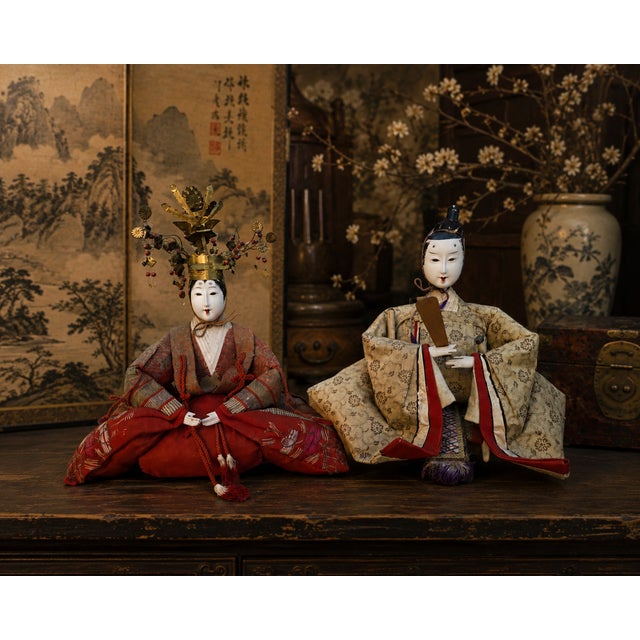 Red Antique Japanese Meiji Period Hina Emperor & Empress Gofun Dolls – Imperial Pair, 13–14 Inches For Sale - Image 8 of 9