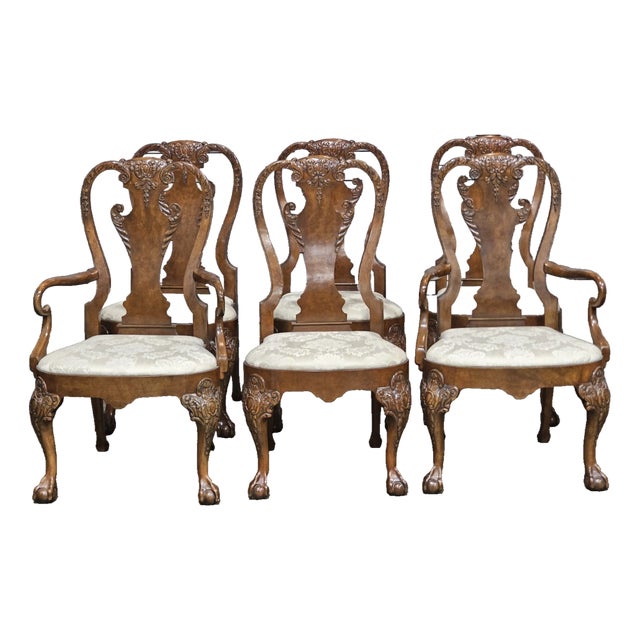 Late 20th Century Share Set of 6 Baker Stately Homes Burl Walnut Dining Chairs Claw & Ball Feet George I For Sale