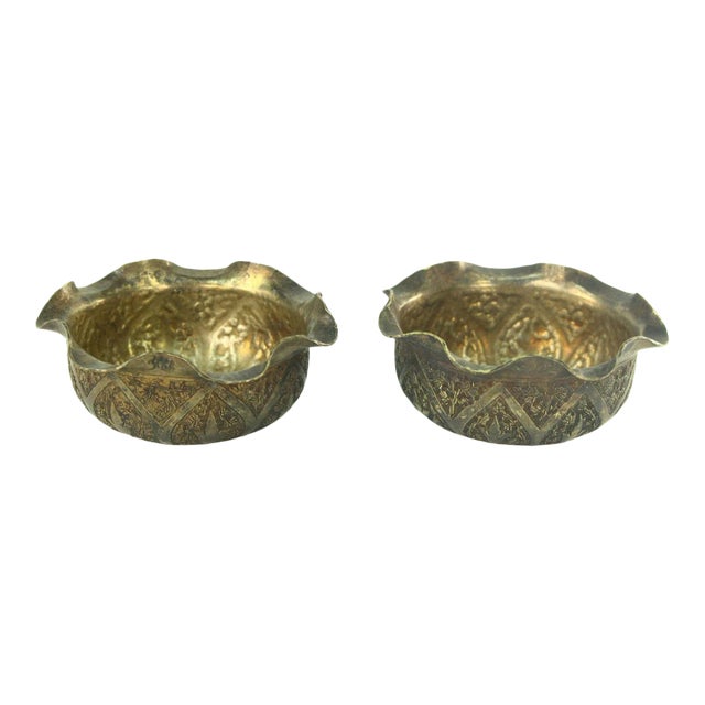Antique Egyptian Silver Hand-Tooled Spice Urns or Open Salt Cellars- a Pair For Sale