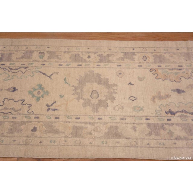 Turkish Ivory Cream Tribal Geometric Pastel Color Turkish Oushak Design Modern Hallway Runner Rug For Sale - Image 3 of 3