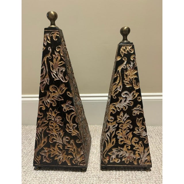Chinoiserie Black and Gold Obelisks - Pair For Sale - Image 4 of 6