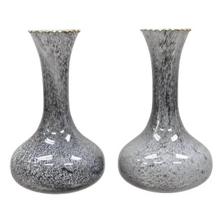 Vintage Mid Century Italian Modern Speckled Grey Glass Fluted Vases - a Pair For Sale