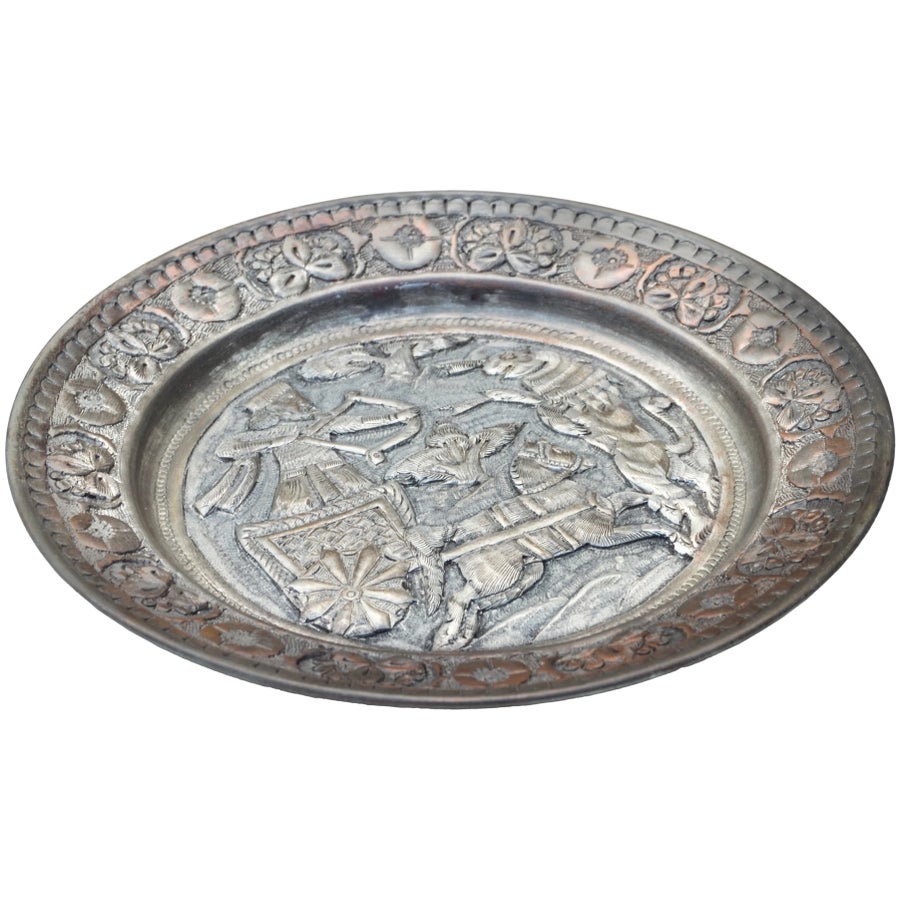 Early 20th Century Handmade Copper Wall Plate With Persian Hunting
