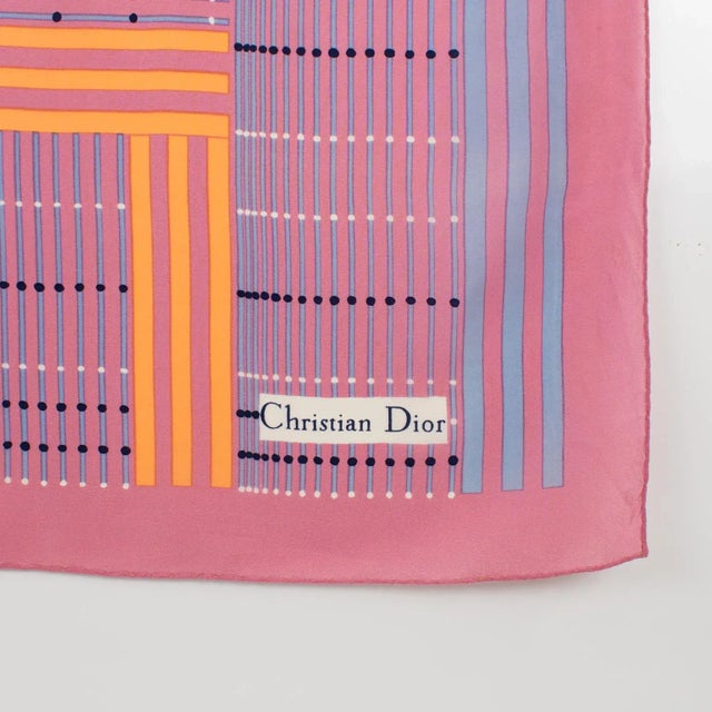 1970s Christian Dior Paris Silk Scarf Geometric Print in Pink and Apricot For Sale - Image 5 of 7
