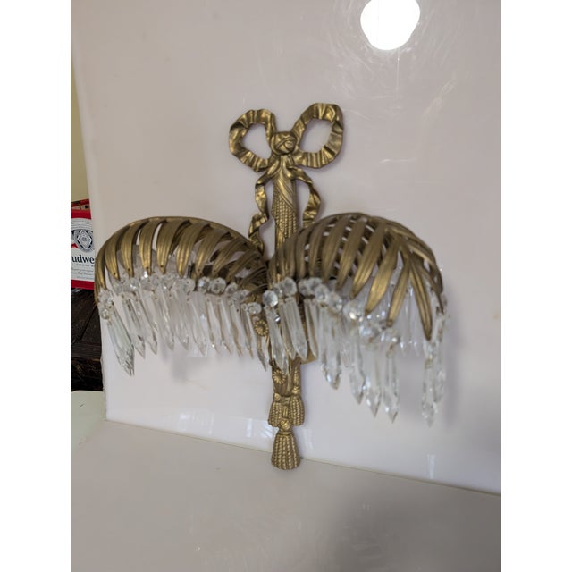 Mid 20th Century Baccarat Style Crystal Bronze Palm Tree Leaf Sconce For Sale In Cleveland - Image 6 of 11