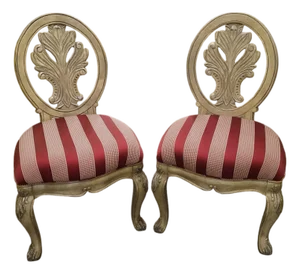 Mid 20th Century Pair of Vintage Carved Side Chairs With Red & Cream Striped Upholstery
