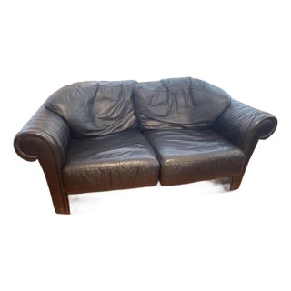 Vintage Maurice Villency Black Leather Goose Down Love Seat For Sale