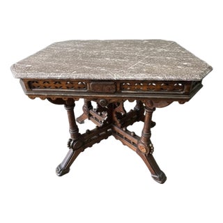 19th Century Victorian Eastlake Carved Walnut Octagonal Center Table With Rouge Marble Top For Sale