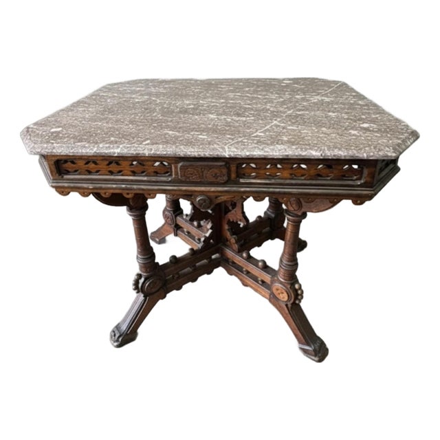 19th Century Victorian Eastlake Carved Walnut Octagonal Center Table With Rouge Marble Top For Sale