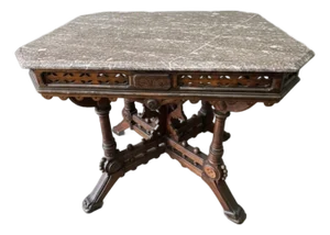 19th Century Victorian Eastlake Carved Walnut Octagonal Center Table With Rouge Marble Top