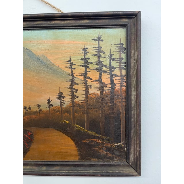 1970s Vintage Framed Landscape Painting of Mountain Path at Sunset, Signed, Folk Art Style For Sale - Image 5 of 9