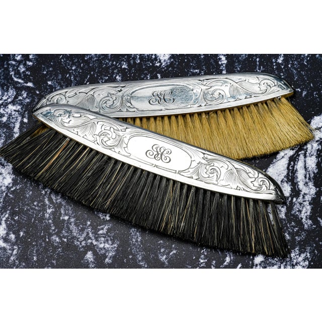 Traditional Beautiful Pair Ornate Sterling Silver Antique Clothing Brushes Leather Case Vanity Dresser Home Decor For Sale - Image 3 of 15