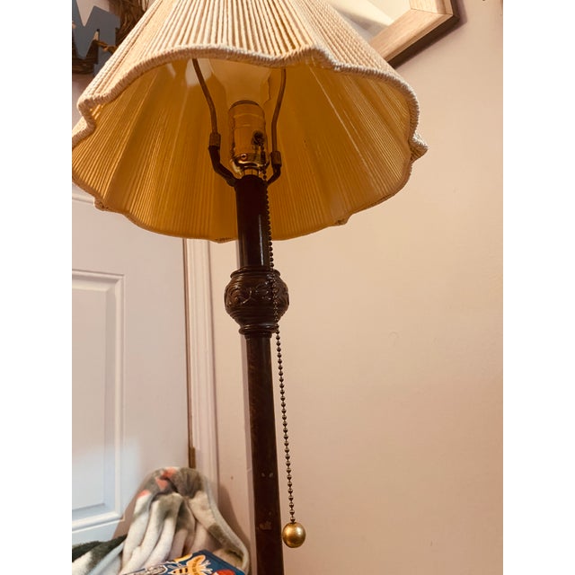Metal Vintage 38” MCM Marbled Ornate Lamp With Pleated String Shade For Sale - Image 7 of 7