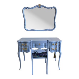 Vintage Mid-Century Vanity, Chair, and Mirror Set - 3 Pieces For Sale
