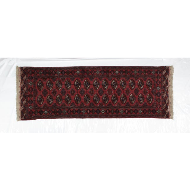 Wool on wool pile genuine hand woven very fine Persian Torkaman runner in mint condition. The piece was made in the 1990s.